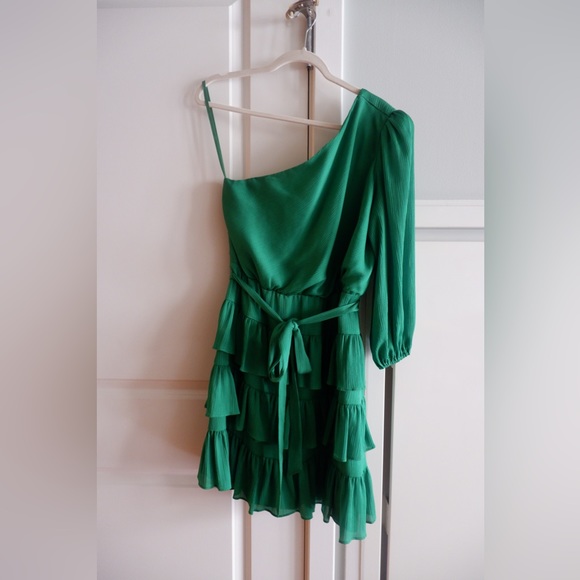 BCBG GREEN One-Shoulder Ruffle Dress Size 10 - Picture 1 of 6